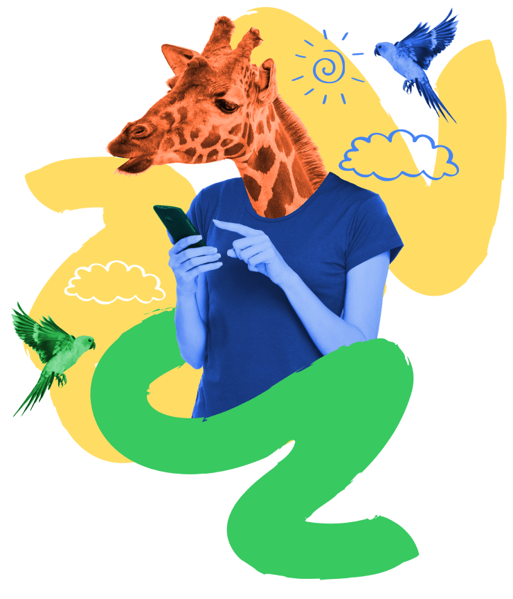 dots.eco collage — giraffe checking impact on a phone